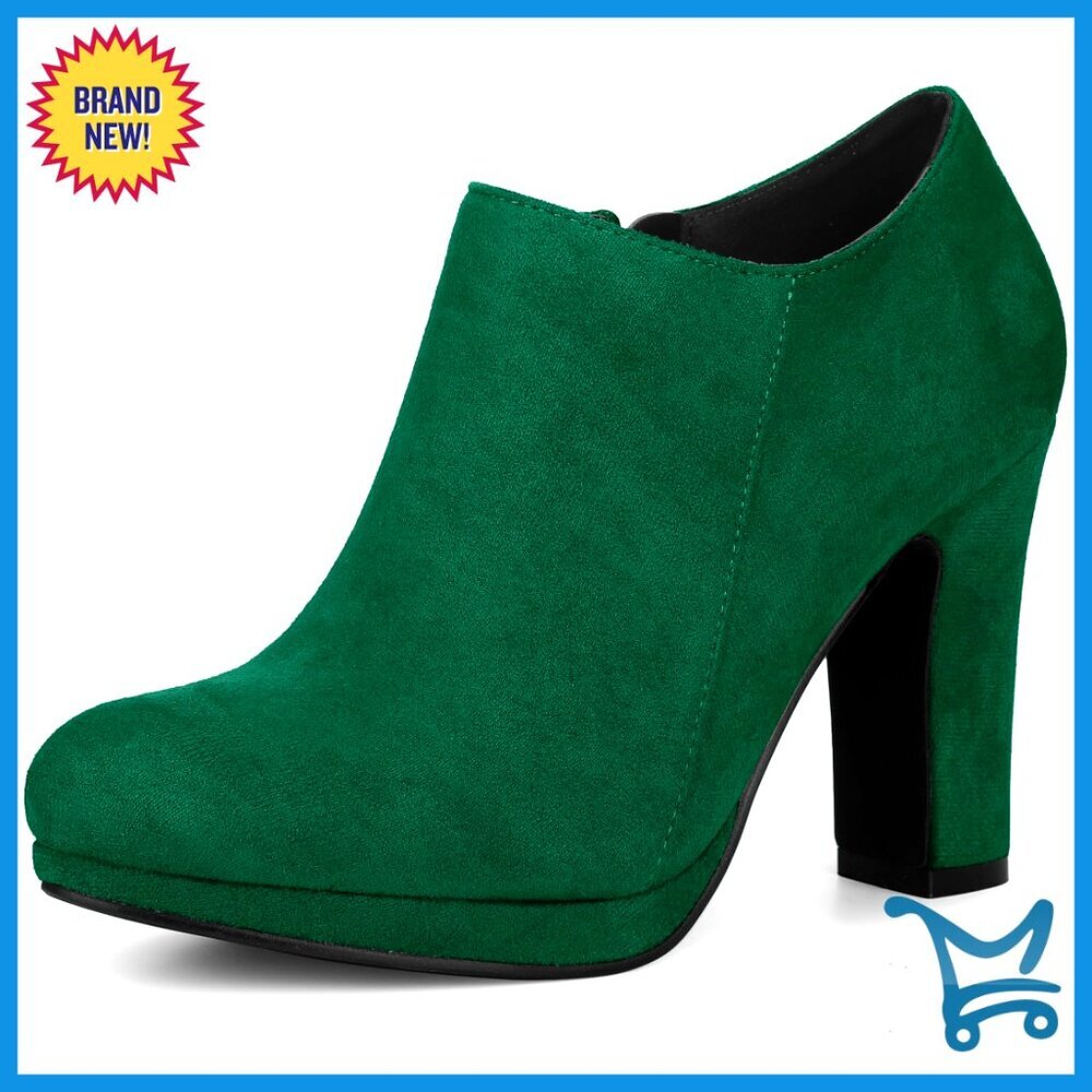 Round Toe Platform Block Heel Ankle Booties, Faux Suede, Side Zip